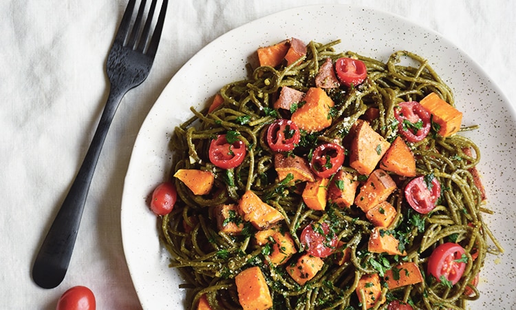 Simple Green Pesto Pasta with Sweet Potatoes and Cherry Tomatoes Recipe