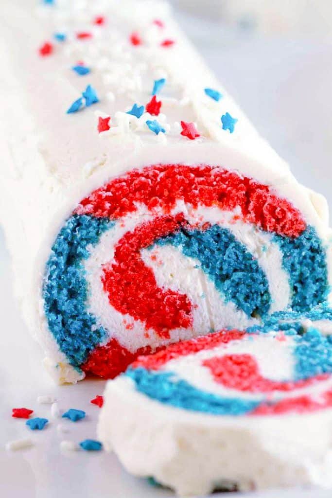 Show off your red white and blue with this festive 4th of July Cake Roll. Your guests will be amazed when you cut into it, revealing the patriotic colors.