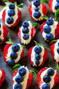 Red, White, and Blue Cheesecake Strawberries are perfect for the 4th of July or any summer potluck or picnic. They make a healthier dessert option and look so festive. Plus they are simple to make.
